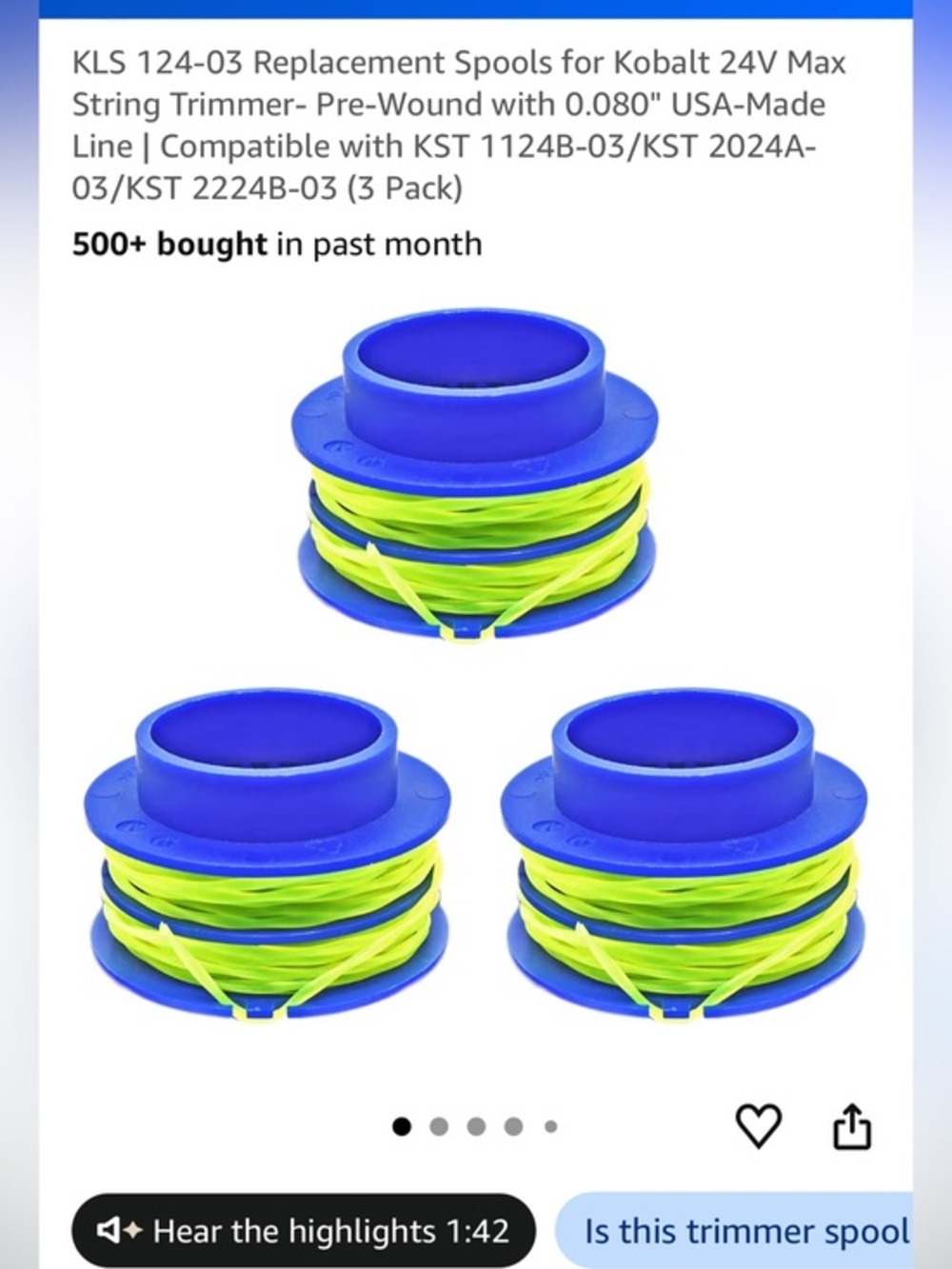 Fits Kobalt 24v max string Trimmer Spool with Neon Green Line - 3 Pack
